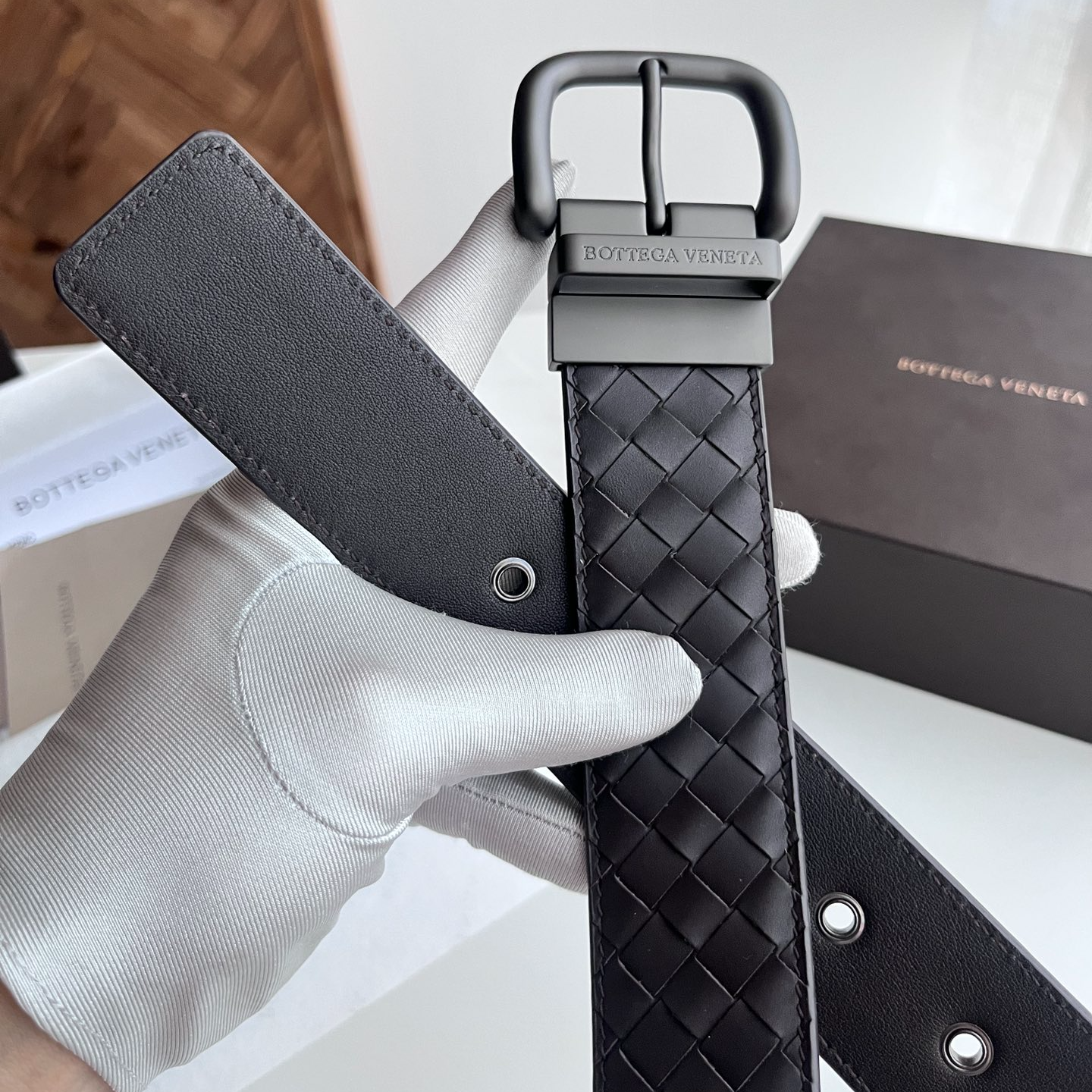 Bottega Veneta intreccio woven cowhide double-sided belt width 4.0cm