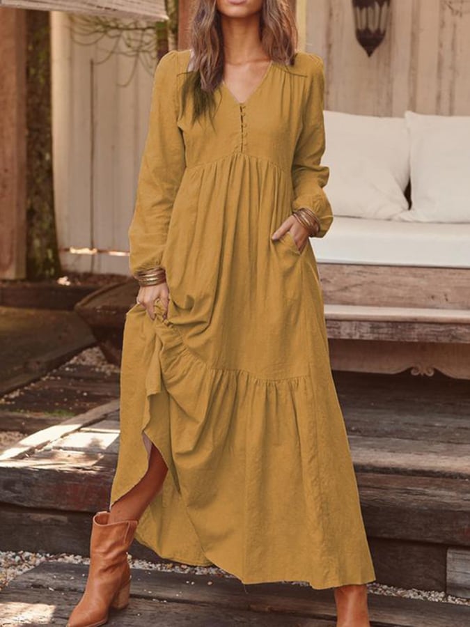 Women's Vintage Cotton Linen Long Sleeve Dress