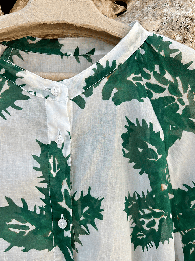 Women's Contrast Floral Button Cotton And Linen Dress