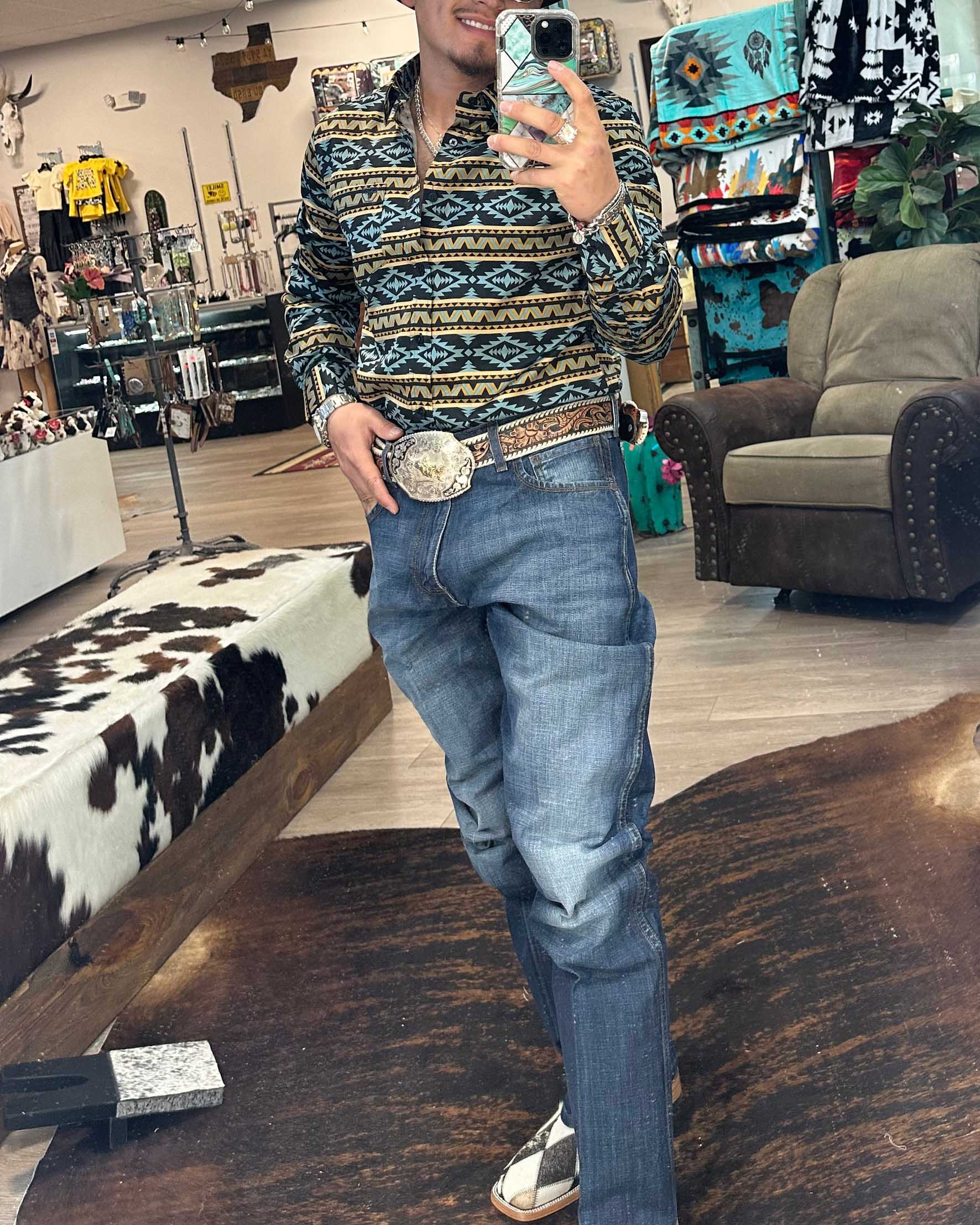 Men's Casual Retro Western Cowboy Stripe Green Long Sleeve Shirt