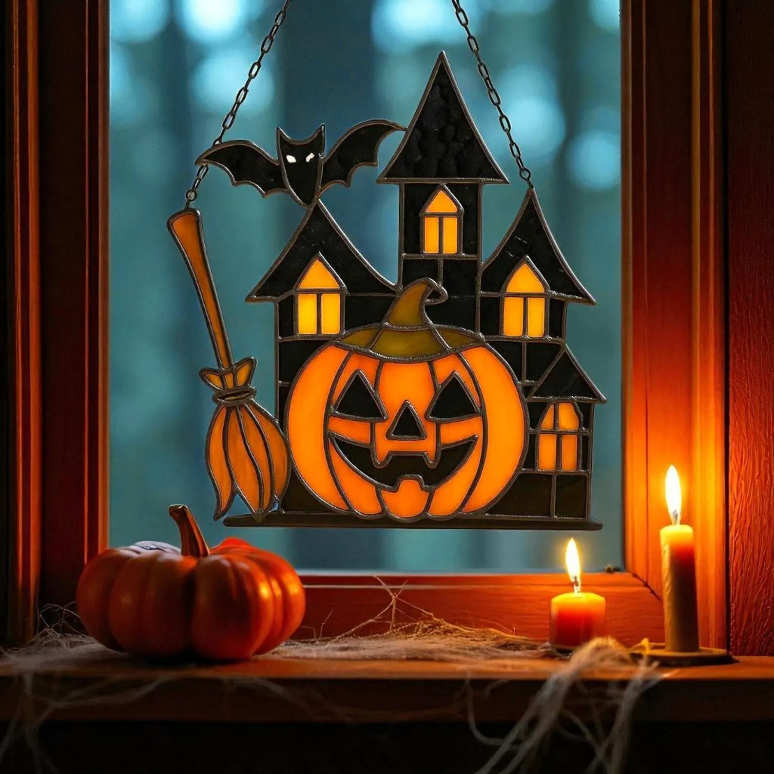 💥ON SALE💥Stained Glass Halloween Pumpkin Haunted House Suncatcher
