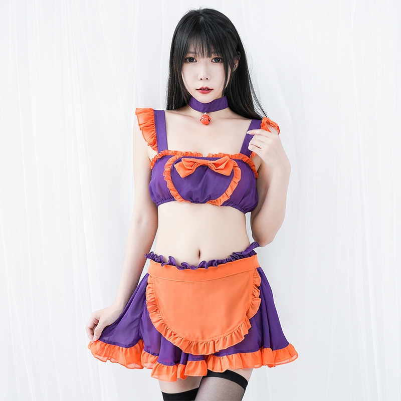 Pumpkin Small Bell Bow Decor Chiffon Maid Lingerie Set