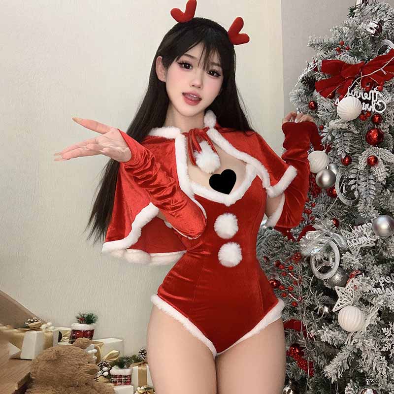 Christmas Fuzzy Ball Hooded Cloak Jumpsuit Lingerie Set