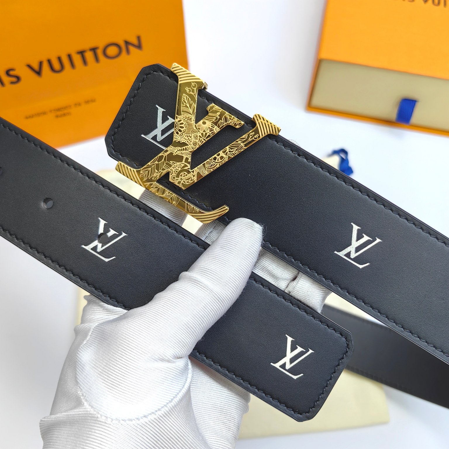 Louis Vuitton Men's Leather Belt with Engraved Buckle, 4CM Width