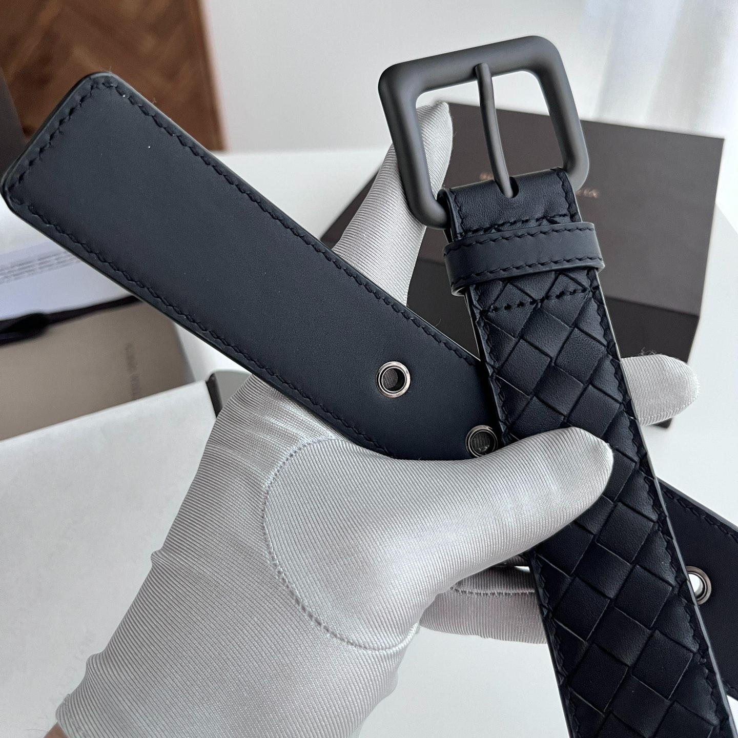 Bottega Veneta intreccio woven cowhide double-sided belt 3.5cm wide