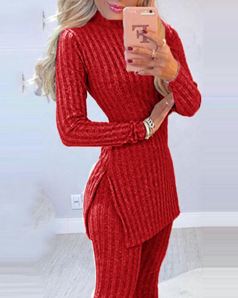 Women's 2-Piece Winter Suit with Long Sleeve Ribbed Slit Top and High Waist Knitted Pencil Pants