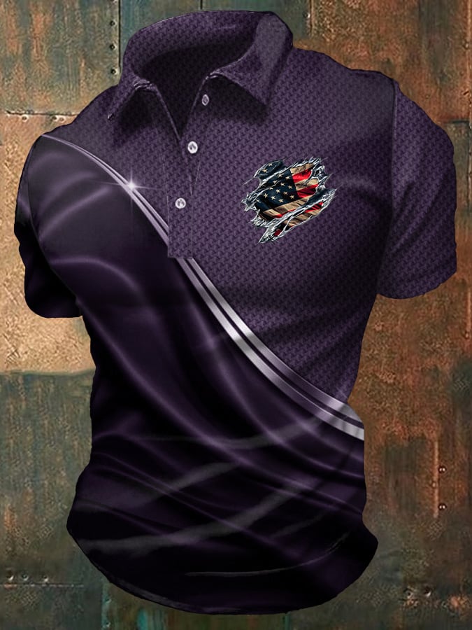 Men's Casual Independence Day Flag Print Polo Shirt