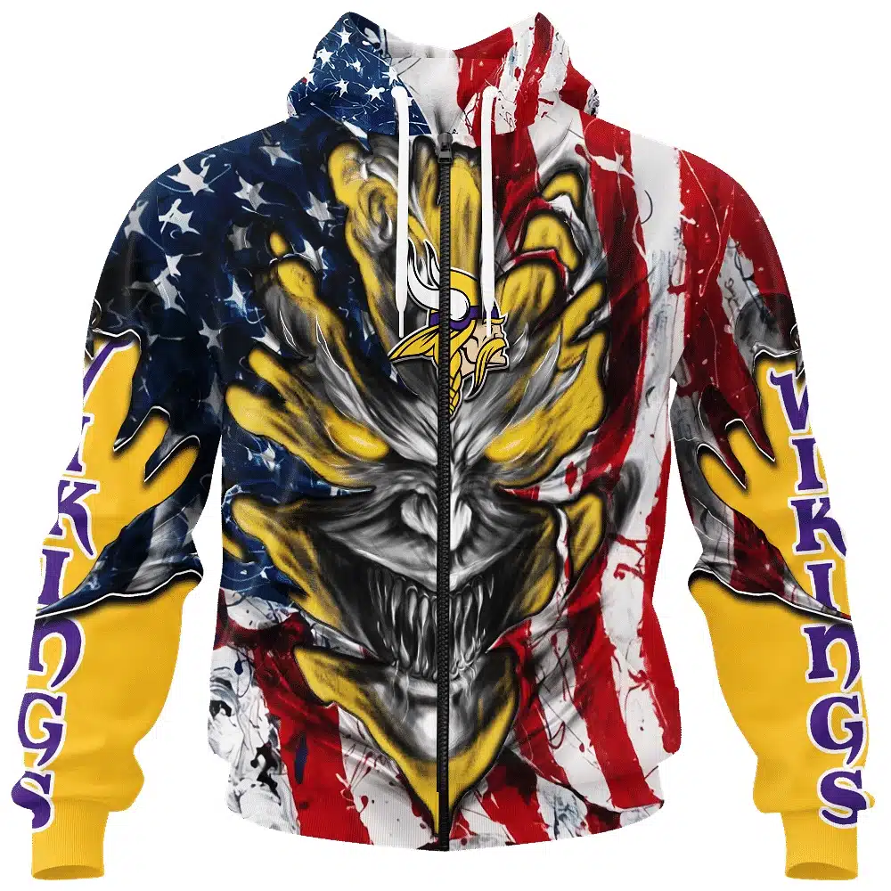 MINNESOTA VIKINGS DEMON FACE AMERICAN FLAG-3D UNISEX HOODIE