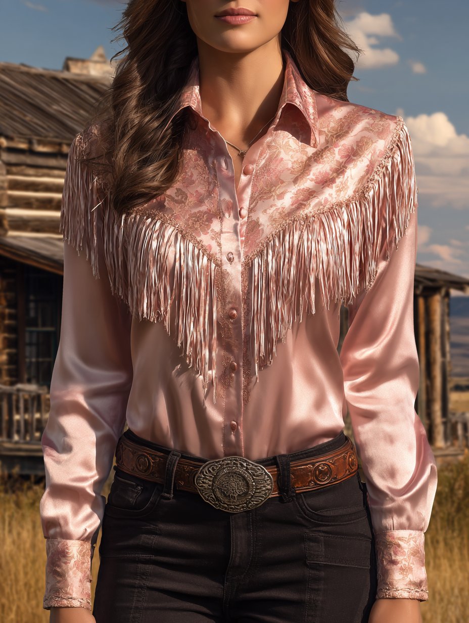 Women's Western Vintage Tassel Floral Print Western Long Sleeve Shirt