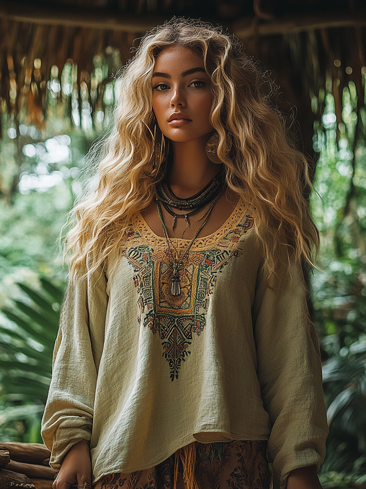 Retro Bohemian Floral Art Embroidery Print Cotton And Linen Blend Loose Blouse