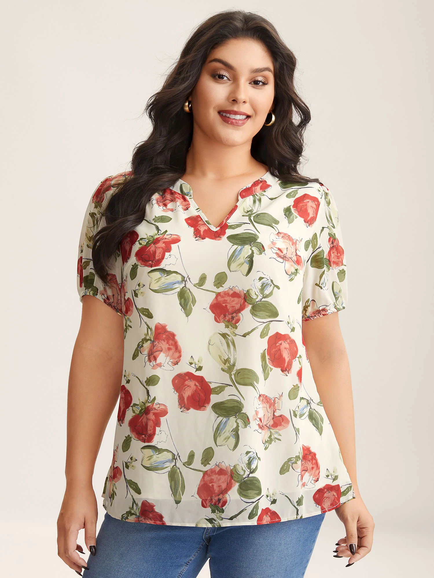 Rosy Print Sheer Notched Collar Blouse