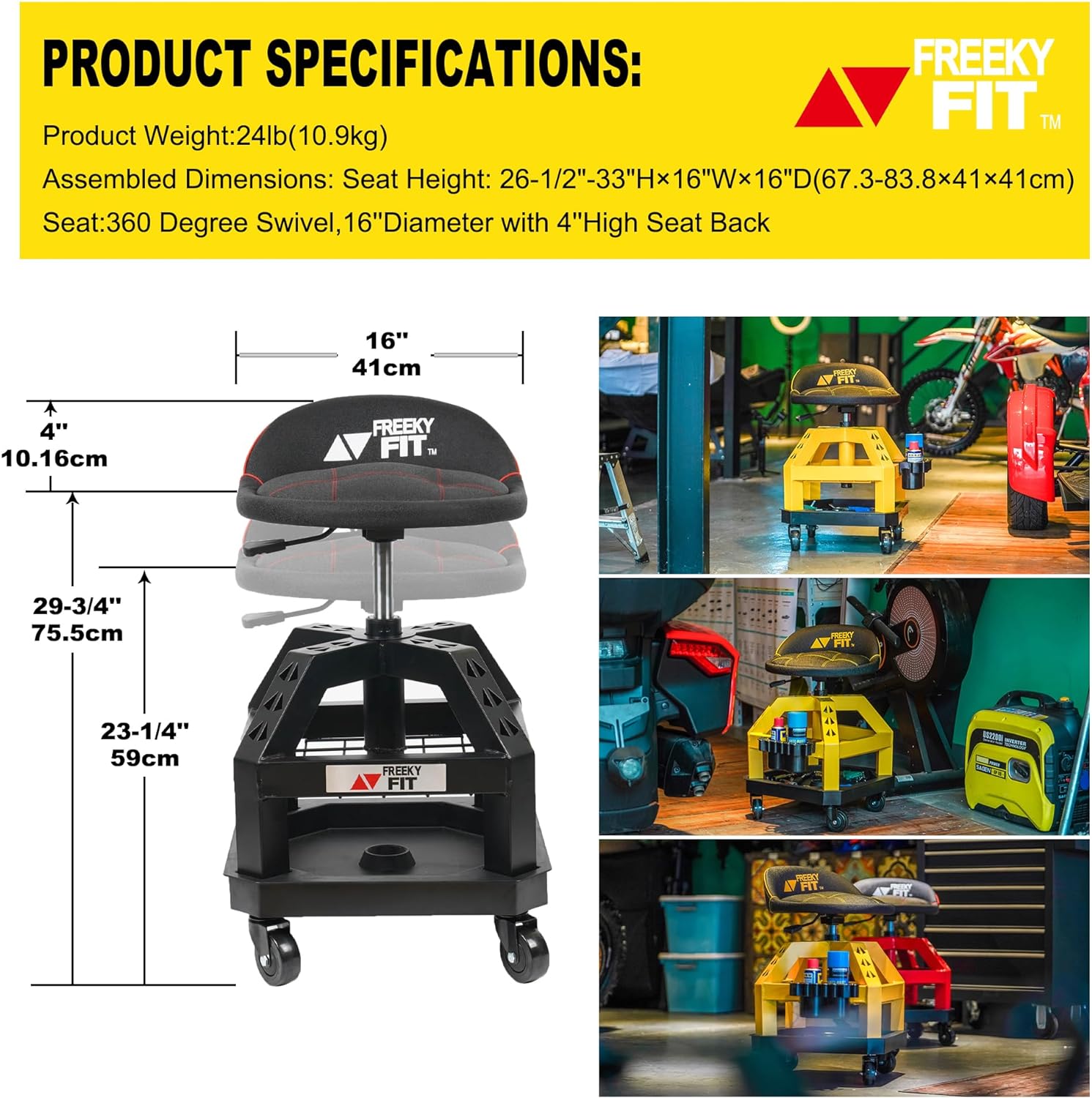 FreekyFit Rolling Shop Stool for Garage with Casters 330 LBS Capacity Padded Mechanic Stool