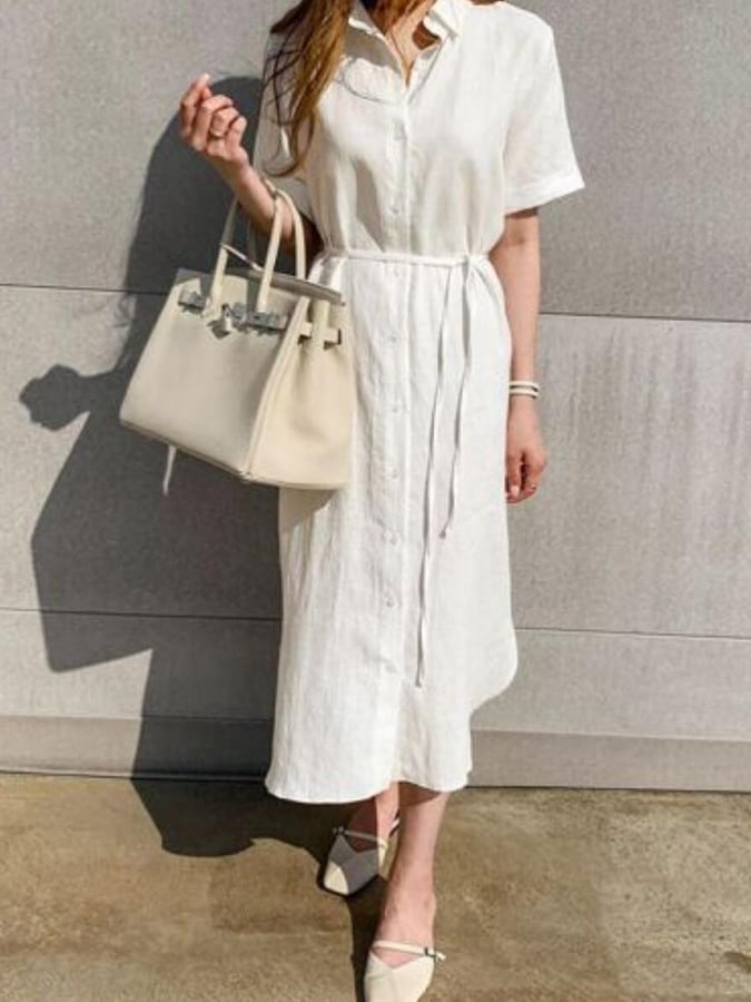 Women's  Simple Loose Lace Up Cotton Linen Shirt Dress