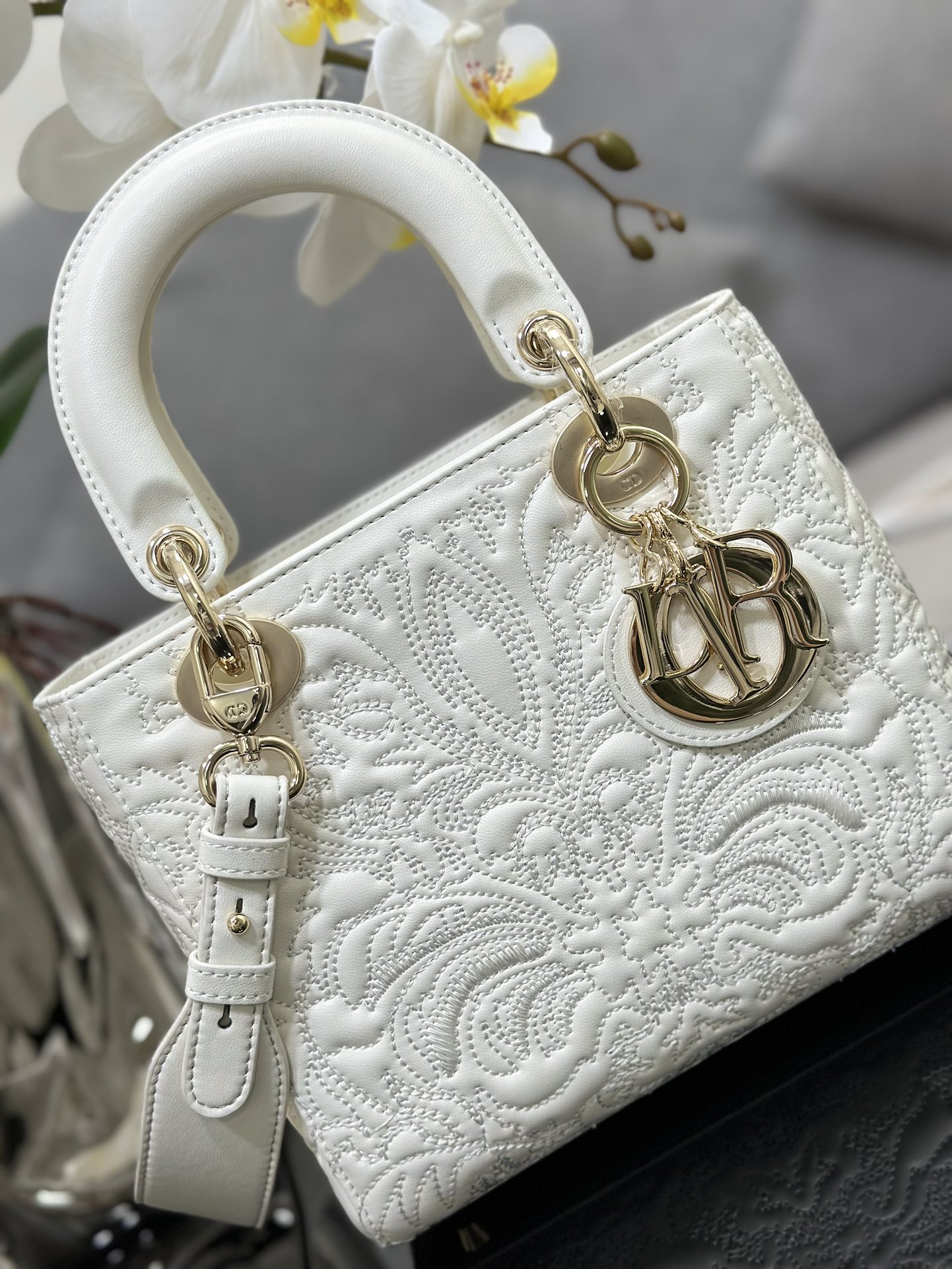 Dior Lady four-grid embossed white Lady Dior bag M0538