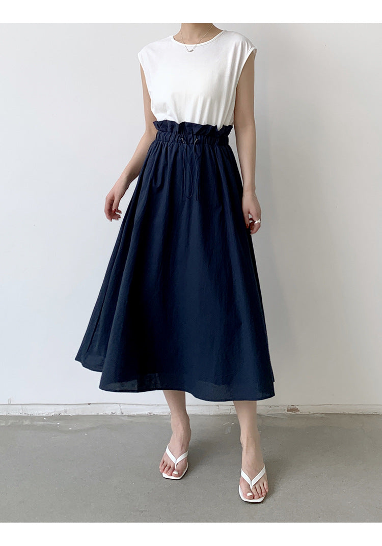 Summer Women Clothing Dress Cotton Stitching Bud Large Swing Dress Loose Waist Contrast Colors False Two Piece