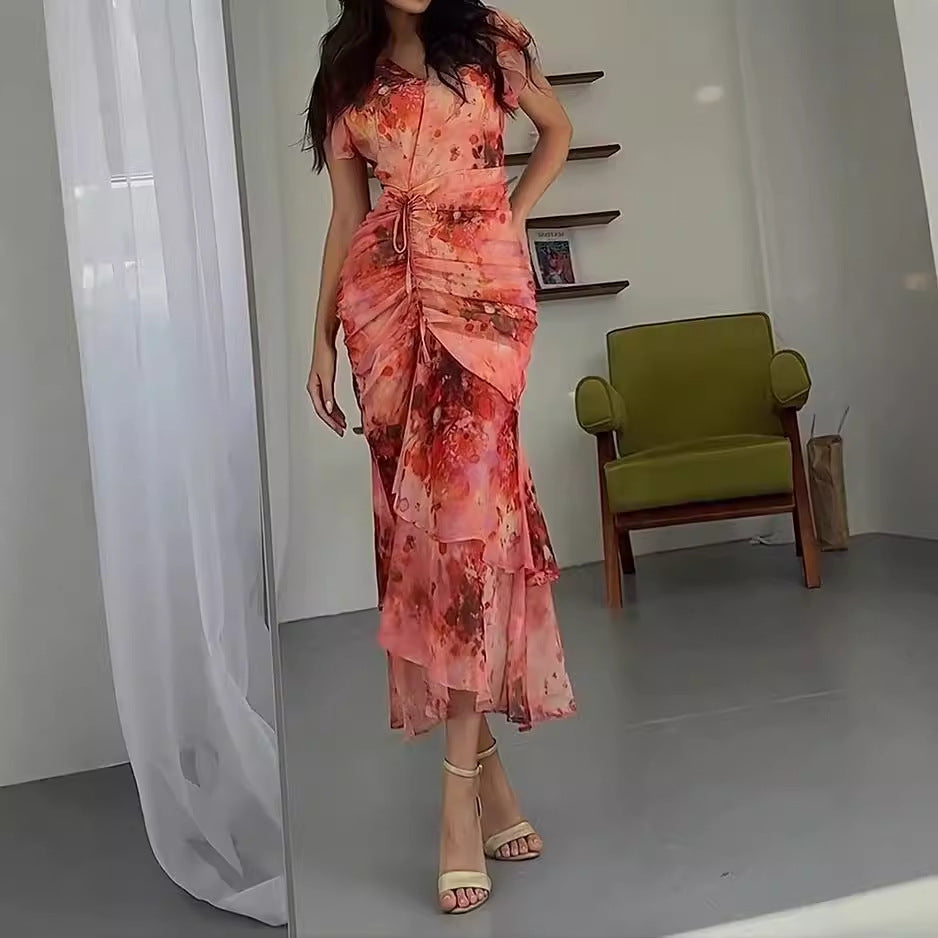 V-neck Pleated Printed Dress for Women