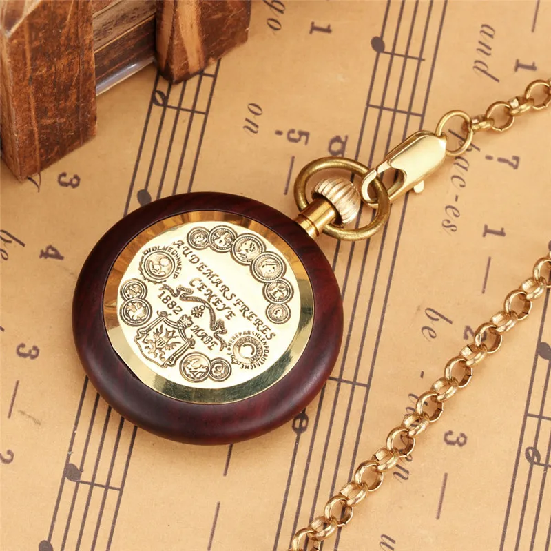 Antique Wooden Case Handwinding Mechanical Pocket Watch for Men Women Skeleton Clock Pendant Chain Roman Number Dial Hour Gift