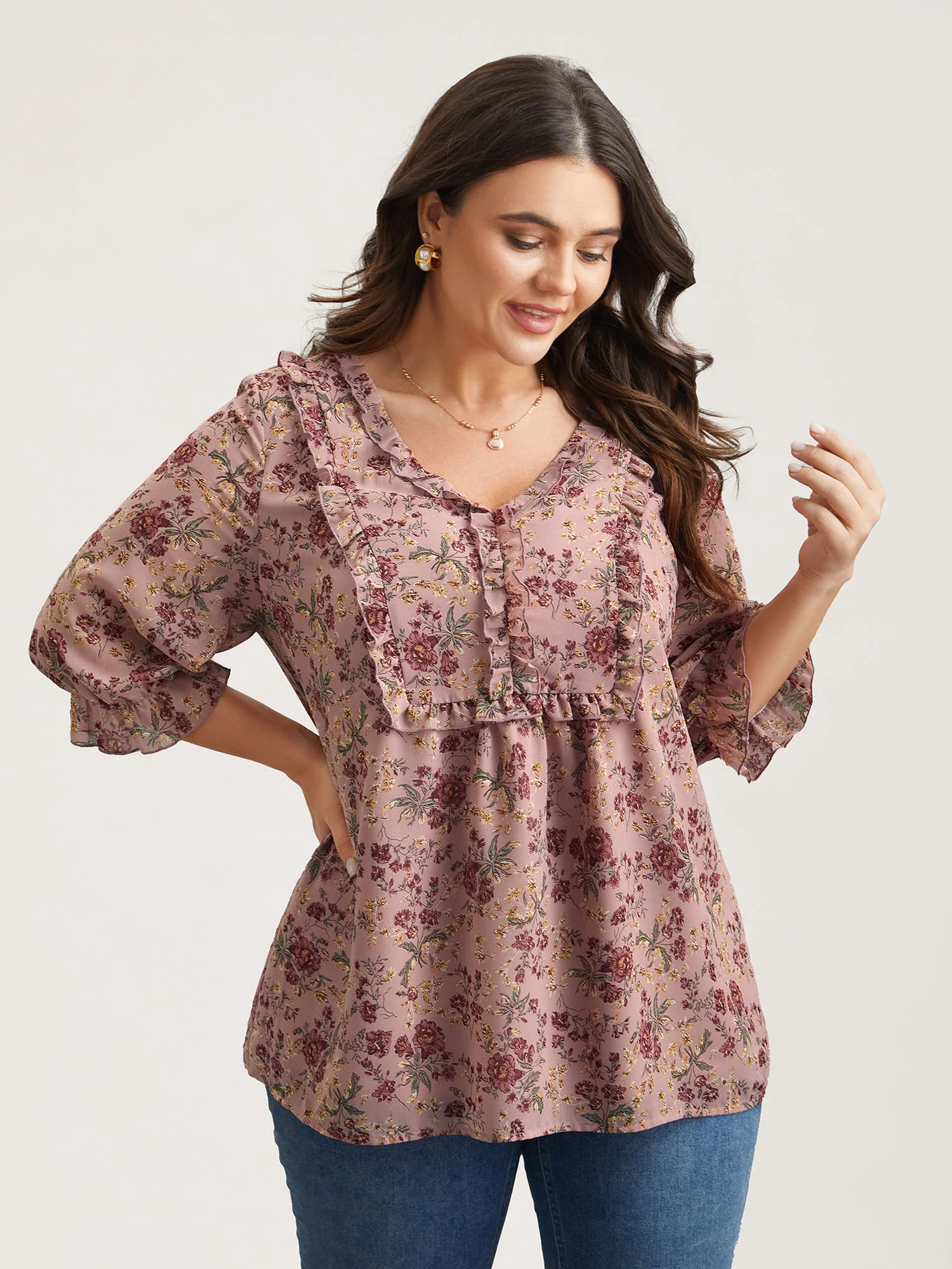 Chiffon Floral Print Ruffled Neck Flowy Shirt