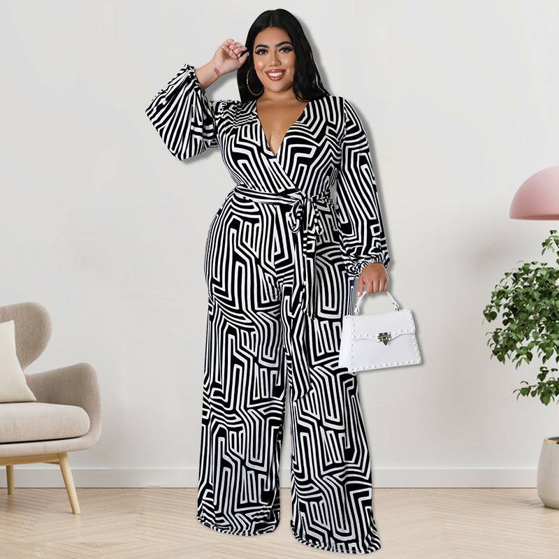 Plus Size Women Clothes Long Sleeve One Piece Straight Leg Pants