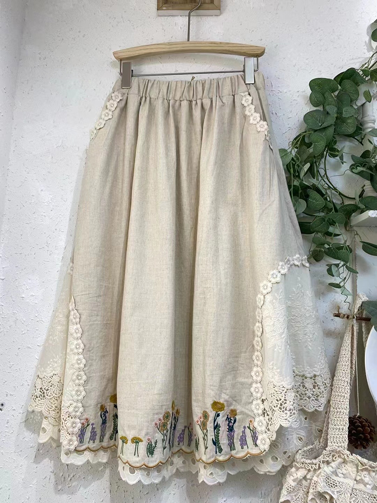 Women's Elegant Lace Flowers Embroidery Art Linen Blend Skirt