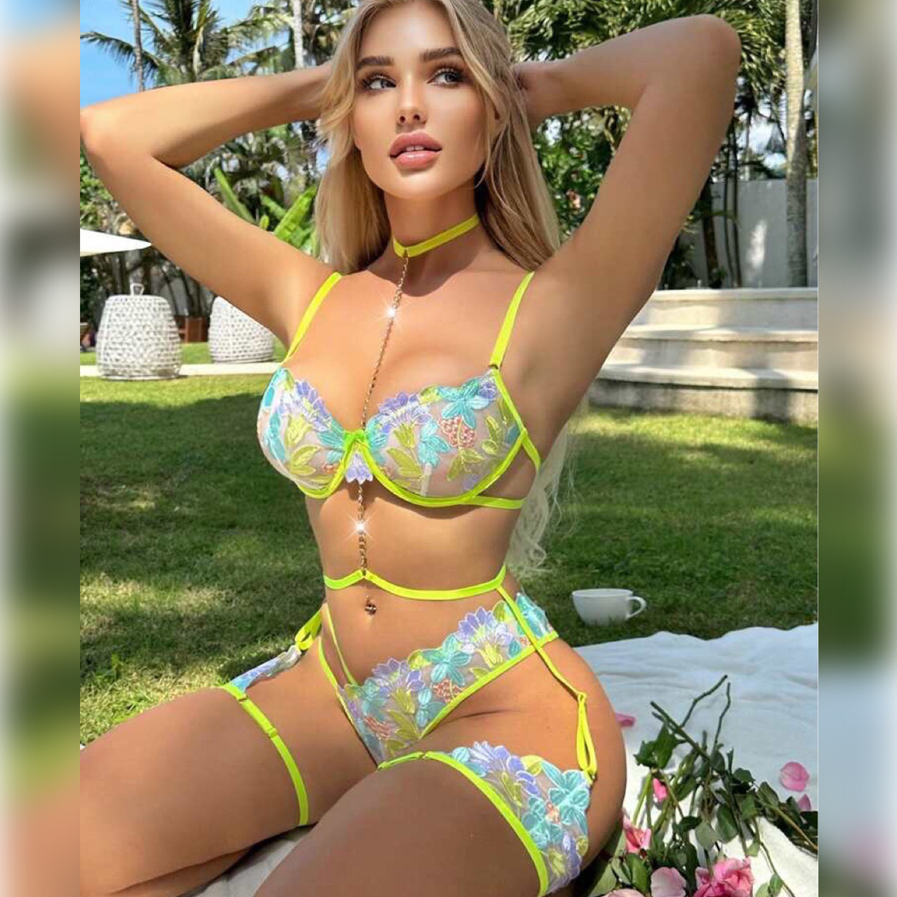 Bountiful Bouquet Green Gartered Lingerie Bra Set