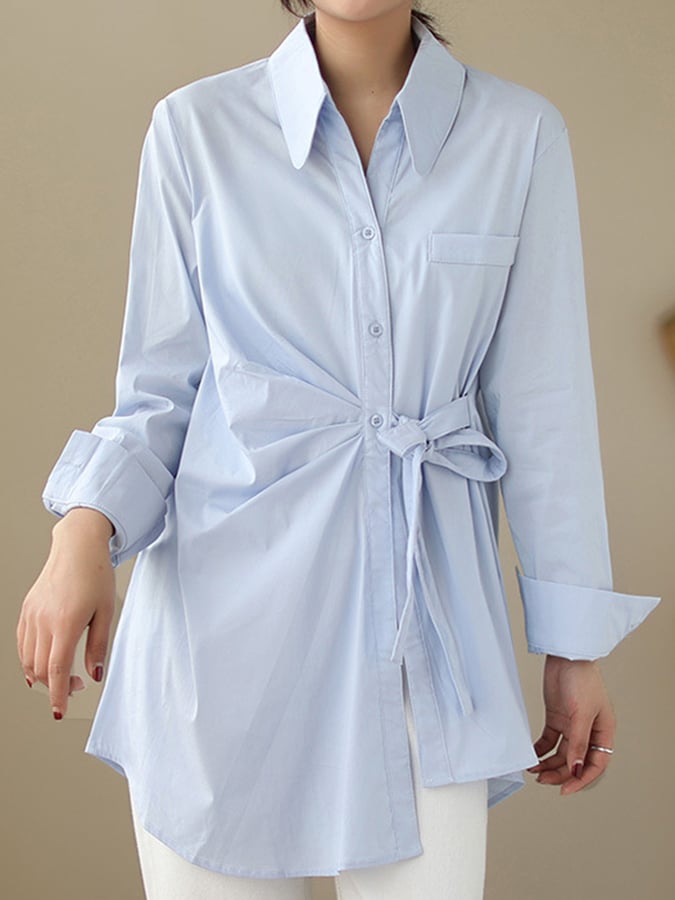 Women's Cotton Fashion Tie Waist Lapel Long Sleeve Shirt