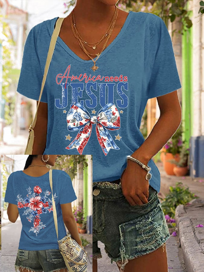 Women's America Needs Jesus Print V Neck Casual T-Shirt