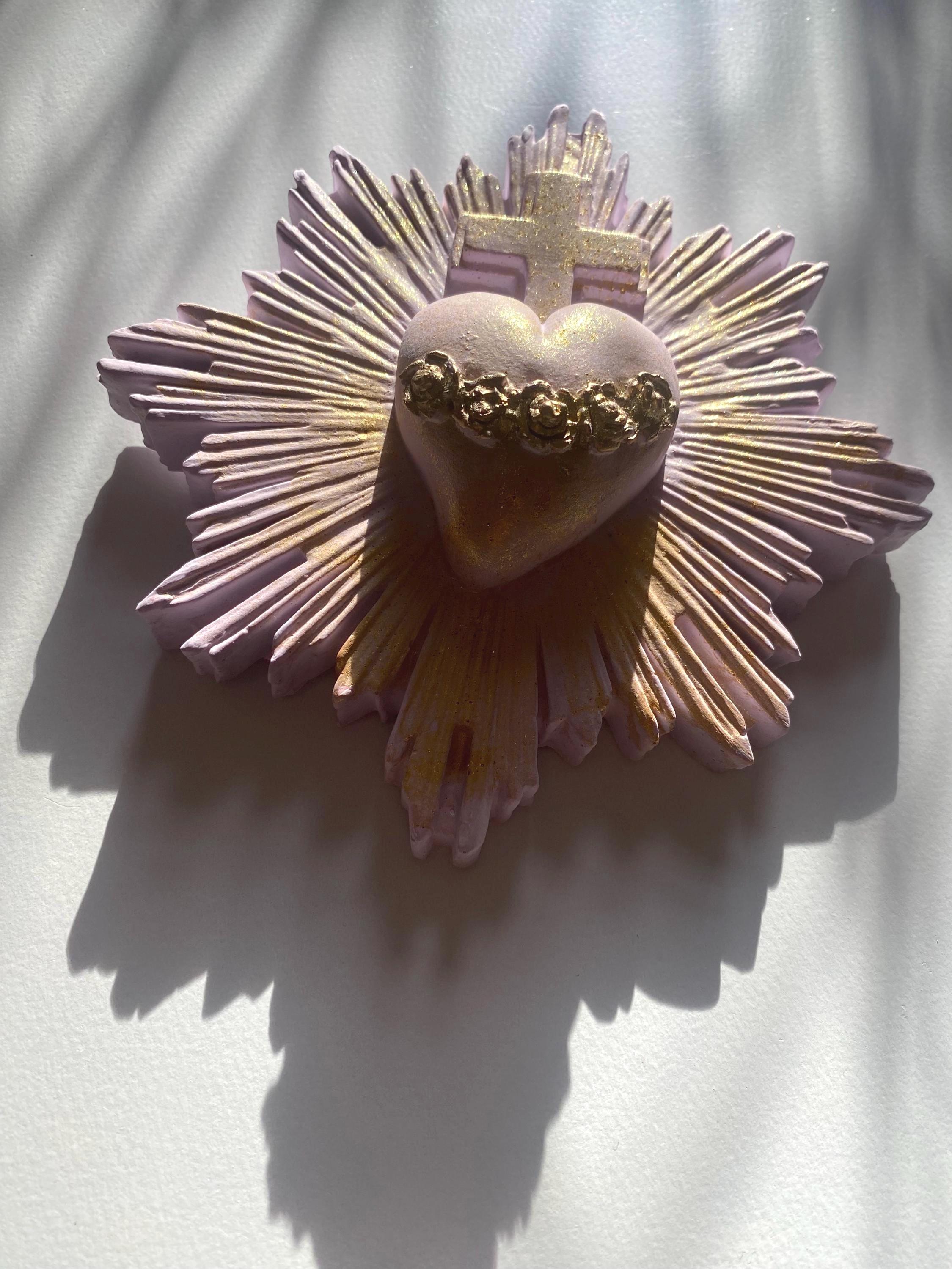 Sacred Heart Wall Decor, Milagro Heart, Flaming Heart & Cross, Handmade.