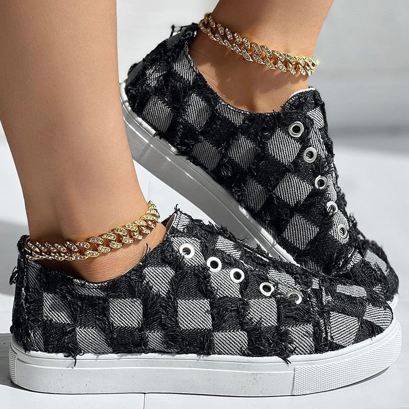 Step into Style with Women's Slip-on Denim Plaid Shoes