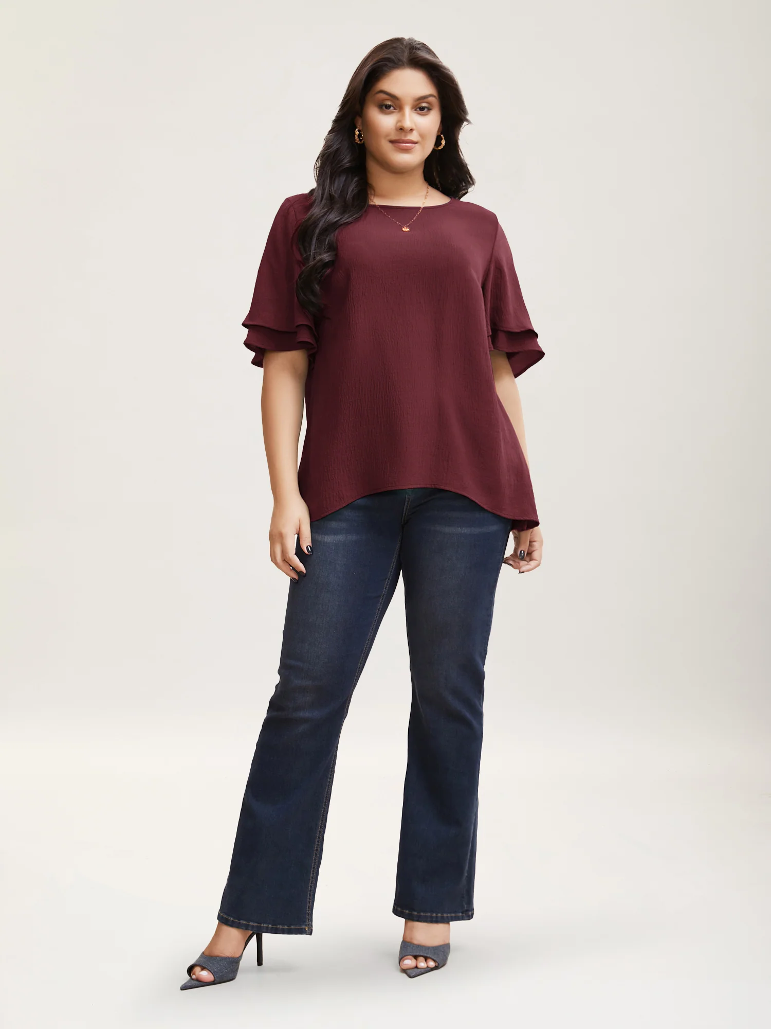 Solid Tiered Ruffles Split Hem Blouse