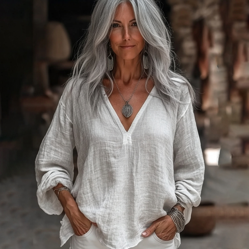 Vintage V Neck Cotton Linen Casual Shirt
