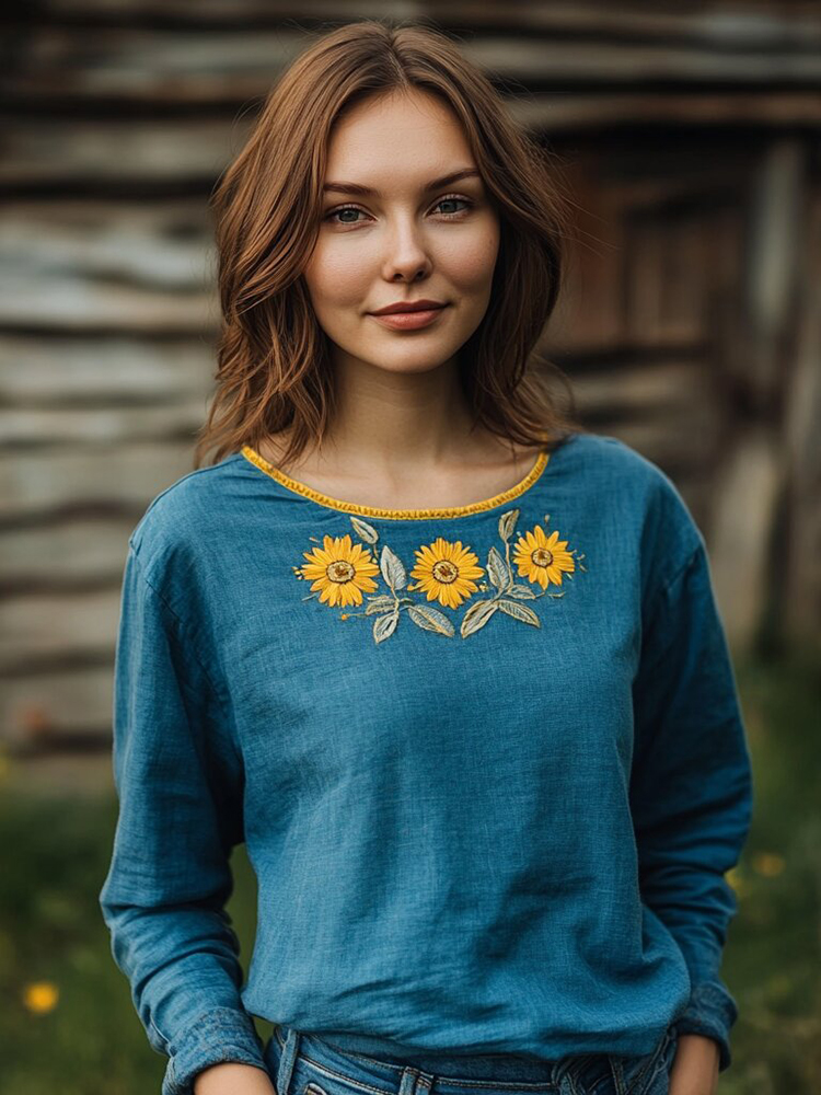 Vintage Sunflower Floral Linen Crew Neck T-shirt