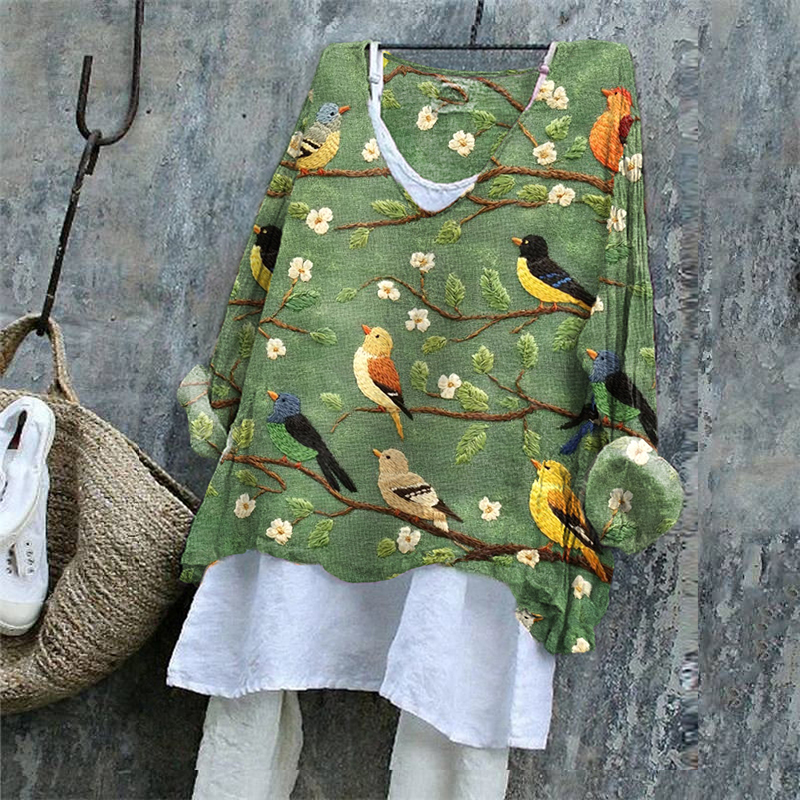 Women's Flower And Bird Embroidery Art Linen Blend Shirt