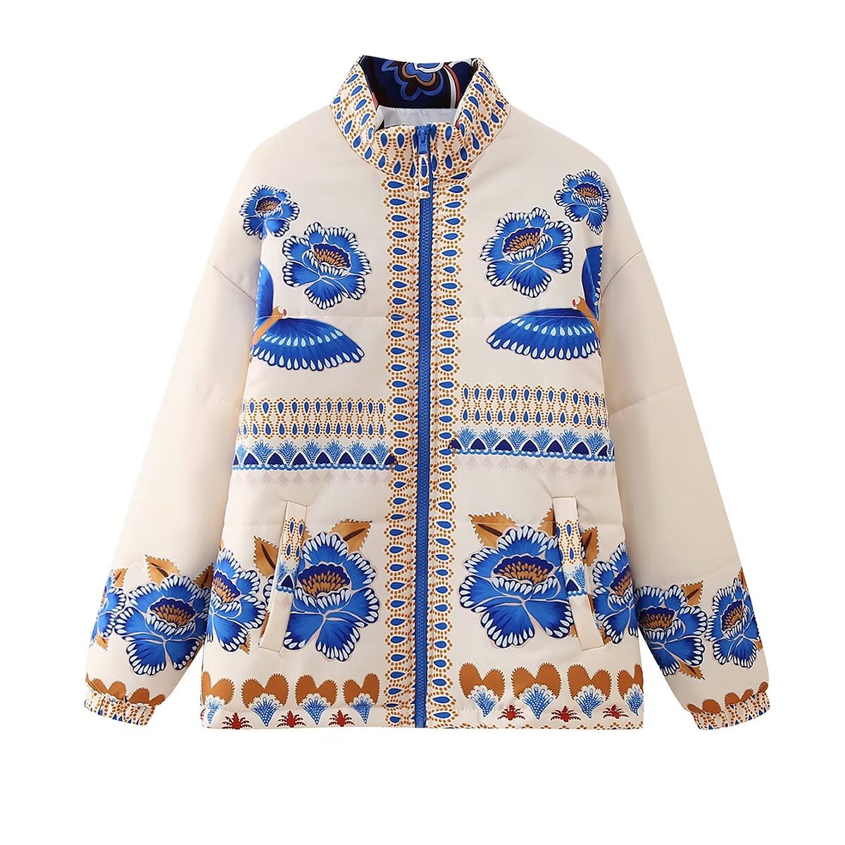 Women Clothing French Loose Collared Positioning Pattern Print Cotton- Padded Jacket Coat