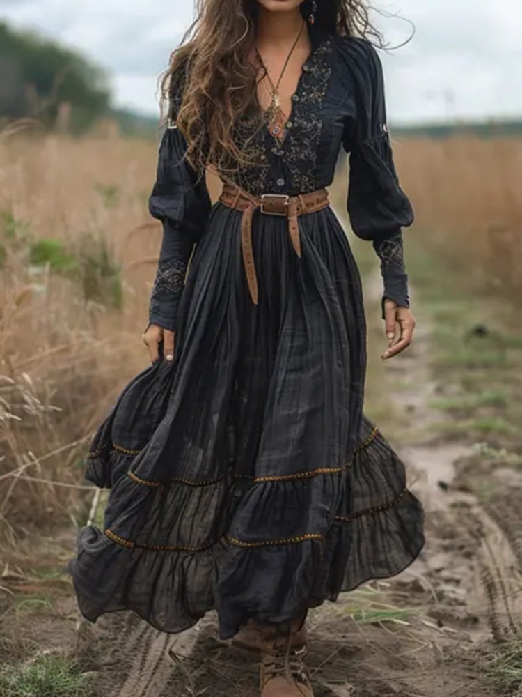 Vintage V-Neck Linen Women's Long-Sleeved Country Concert Dress