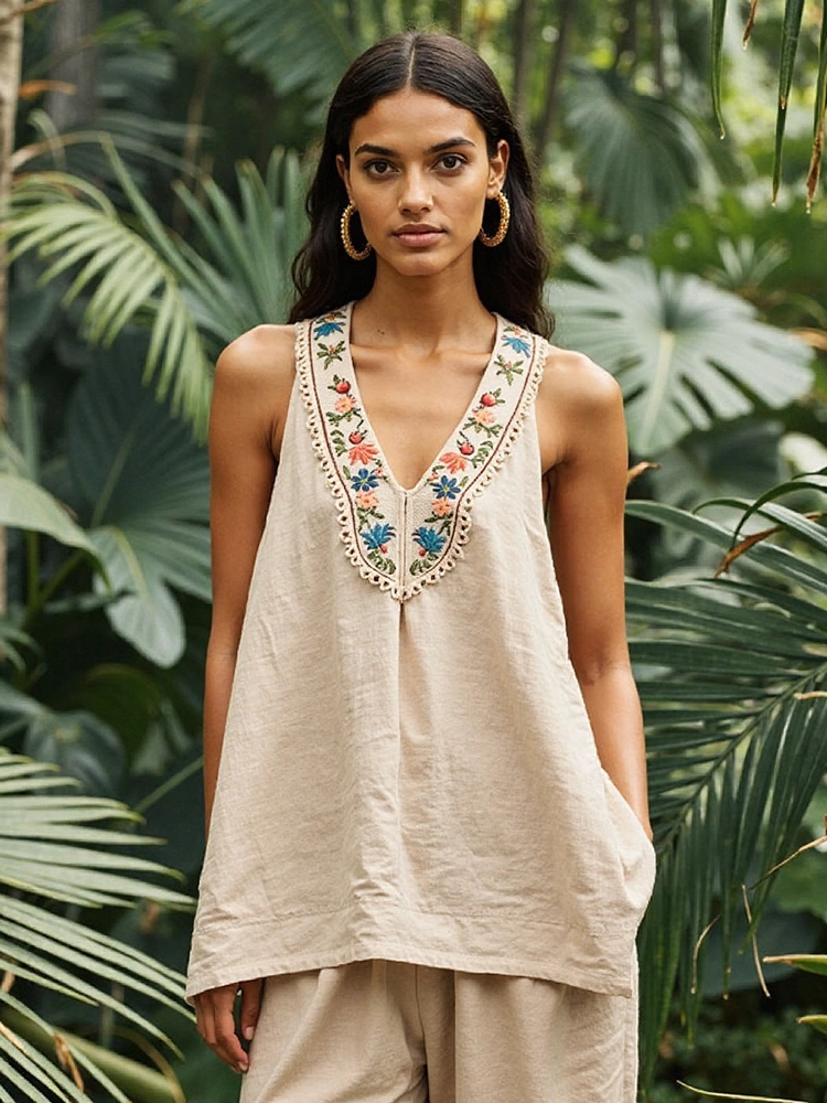 Women's Ethnic Floral Embroidery Art Linen Sleeveless Tank Top