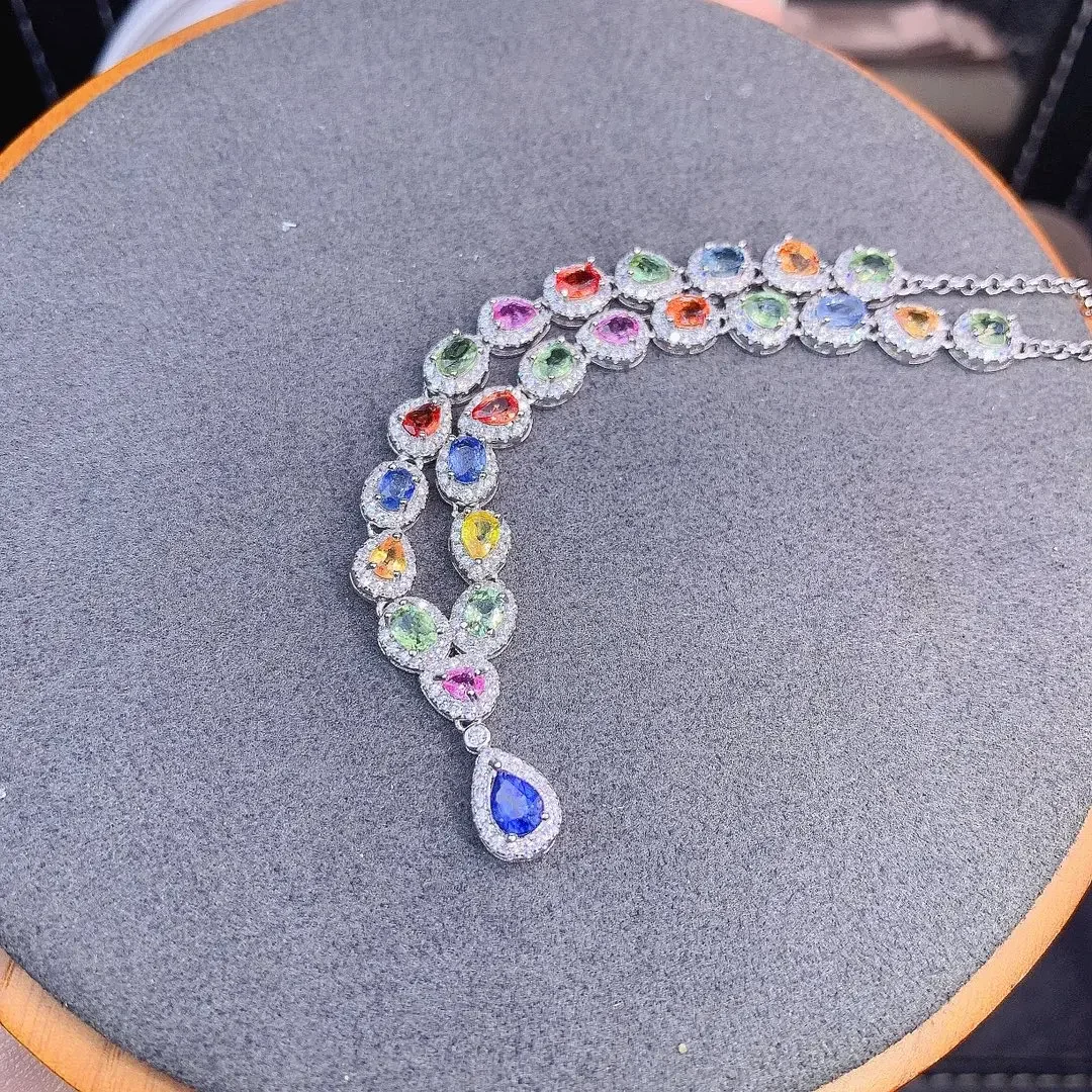 925 Sterling silver natural color sapphire necklace Jewelry Fire color good beauty women's luxury jewelry certified boutique
