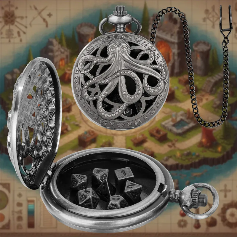 Retro Hollow Octopus Pocket Watch Case Pendant Chain with 7pcs Metal Polyhedral Dice Game Accessory