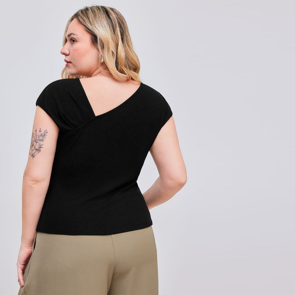 Plus Size Women Clothing Classic Diagonal Collar T Shirt Summer Single Breasted Slim Fit Shoulder Top