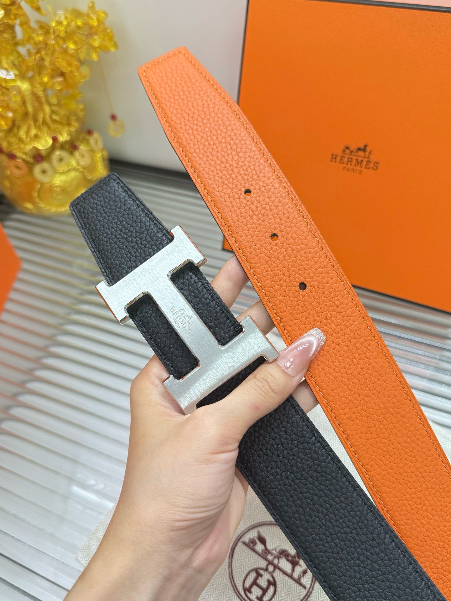Hermès TOGO calfskin double-sided belt width 3.8CM