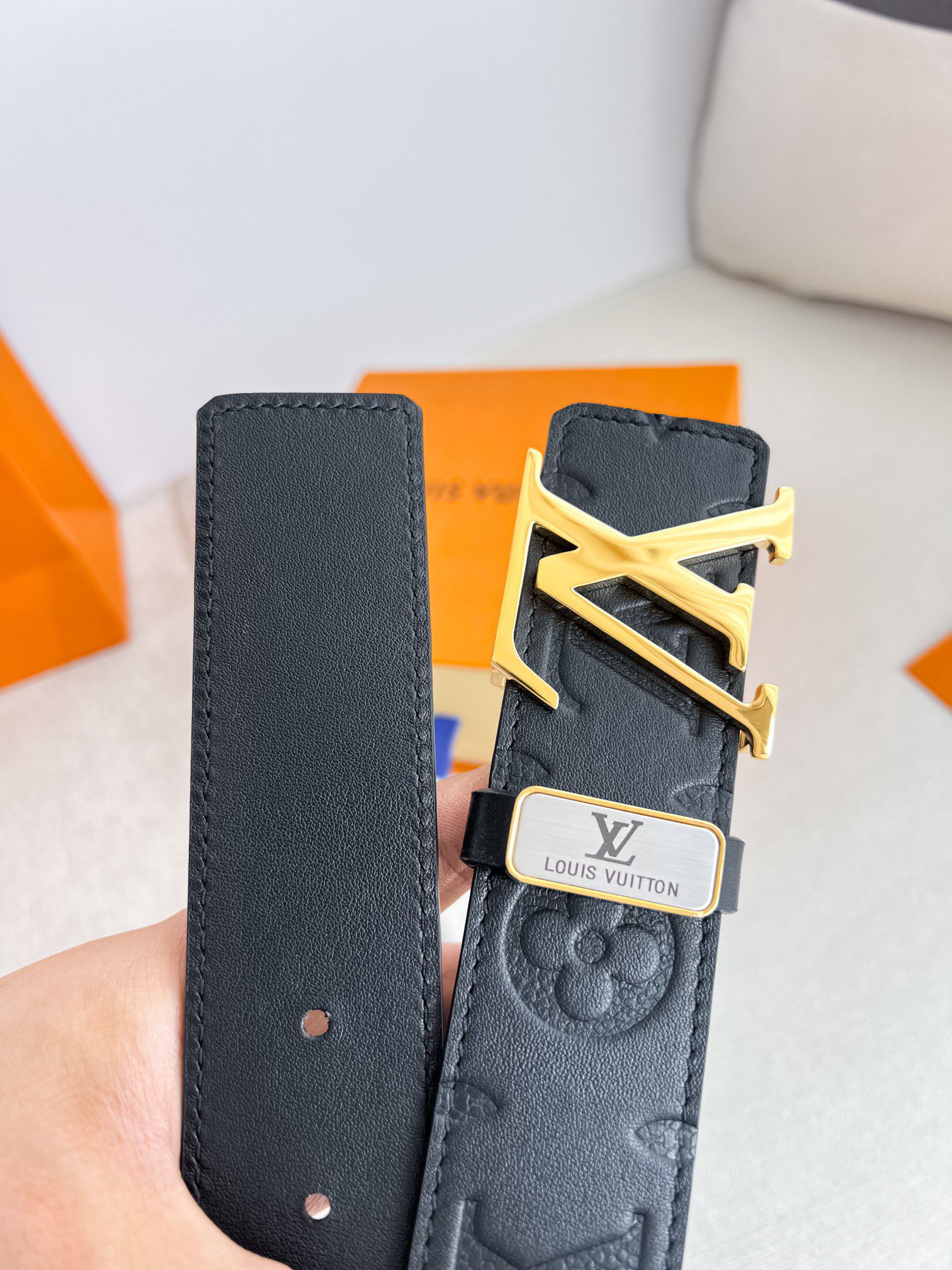 Louis Vuitton Black Printed Calfskin Men's Belt 3.8CM Width