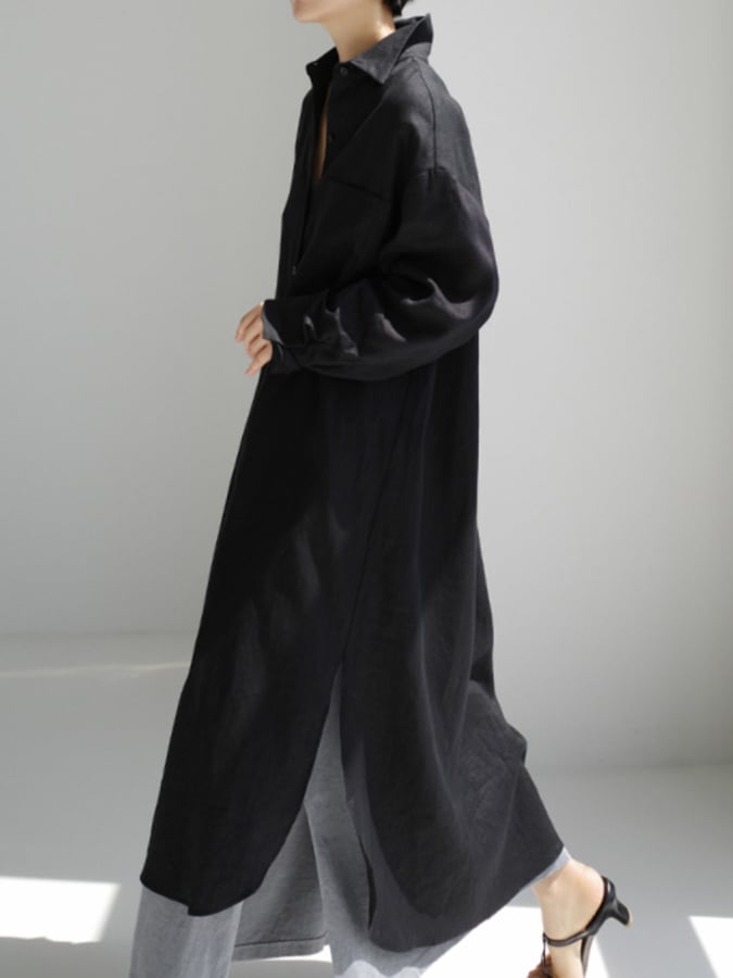 Women's Solid Color Single-Breasted Mid-Length Loose Cotton And Linen Casual Dress