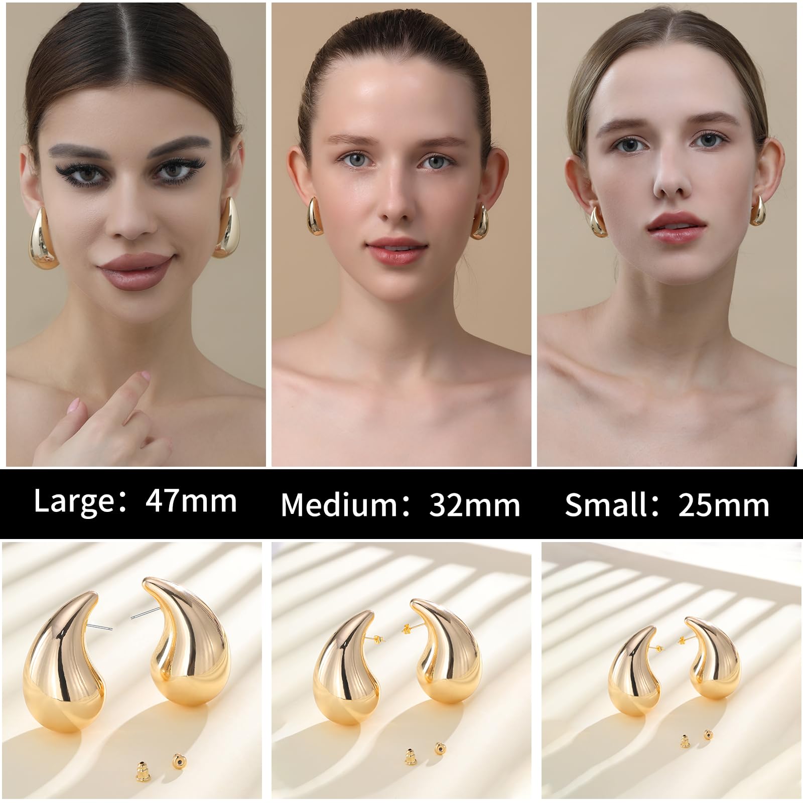 🔥Last Day 50% OFF🔥25/32/47mm Chunky Gold Hoop Earrings for Women | Lightweight Tear Drop Earrings