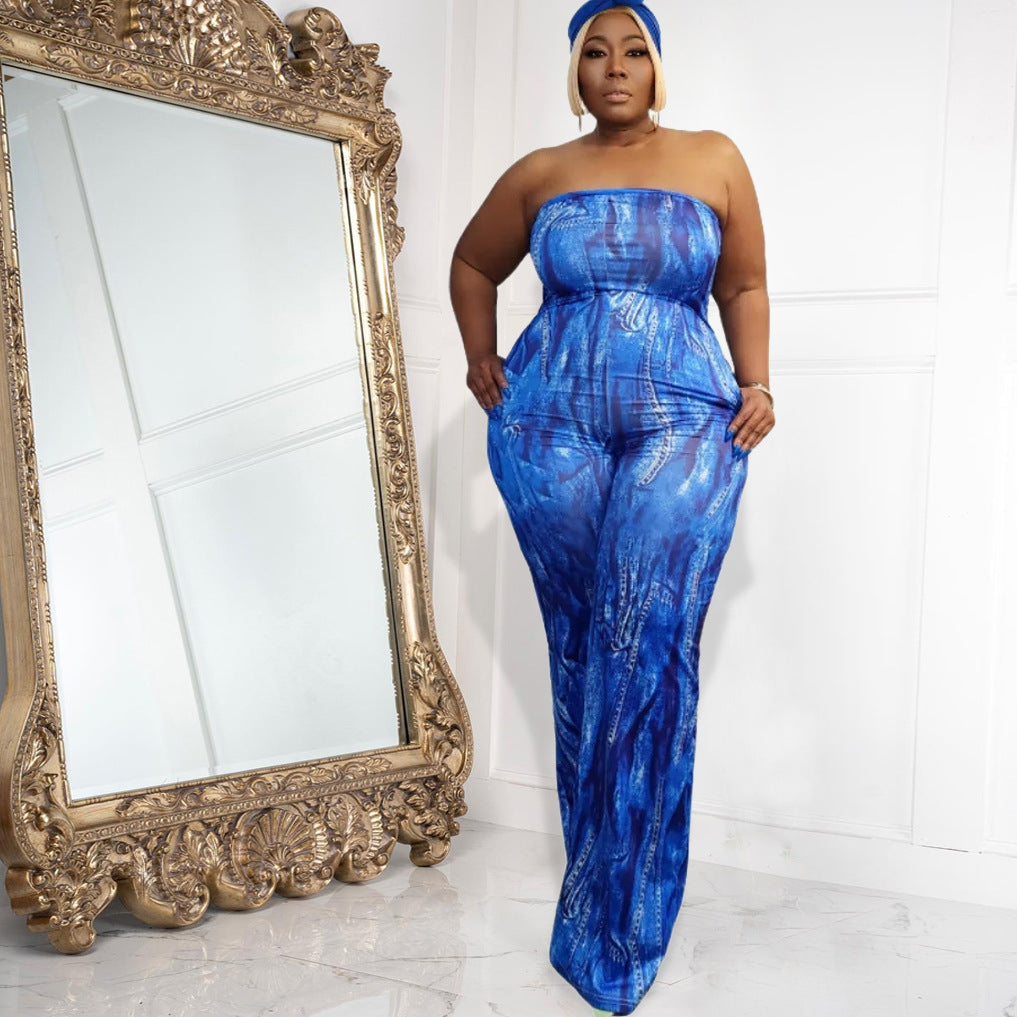 Plus Size Women Clothes Spring Summer Sexy Tube Top Lace Up Jumpsuit Denim Pattern Wide Leg Jumpsuit