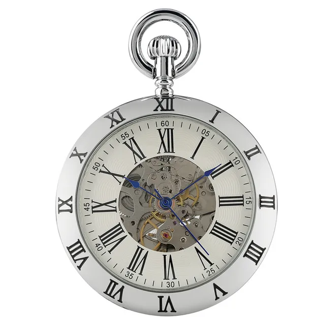 Gold/Silver Roman Numerals Open Face Men Women Mechanical Automatic Pocket Watch Pendant Chain Clock Skeleton Watches Gift