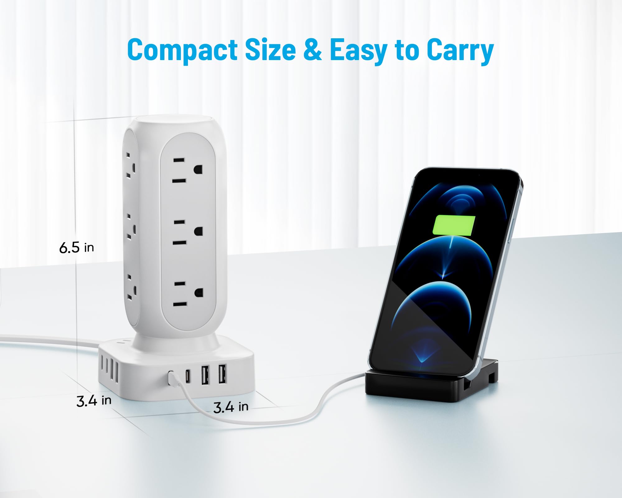 🔥Last Day 49% OFF🔥Flat Plug Power Strip Tower, 10FT 40W Total Fast Charging Station