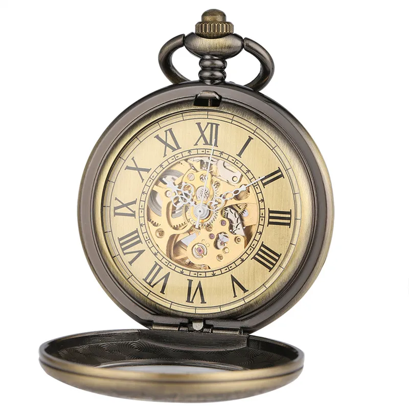 Antique Pocket Watch Men's Automatic Mechanical Watches Half Hunter Case Roman Number Display Clock with Pendant Chain Reloj