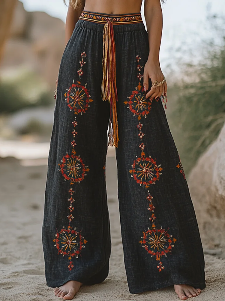 Vintage Bohemian Casual Holiday Style Linen Long Loose Wide-leg Pants