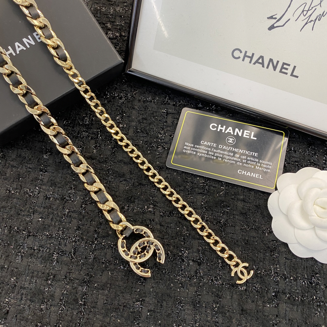 Chanel black leather gold waist chain