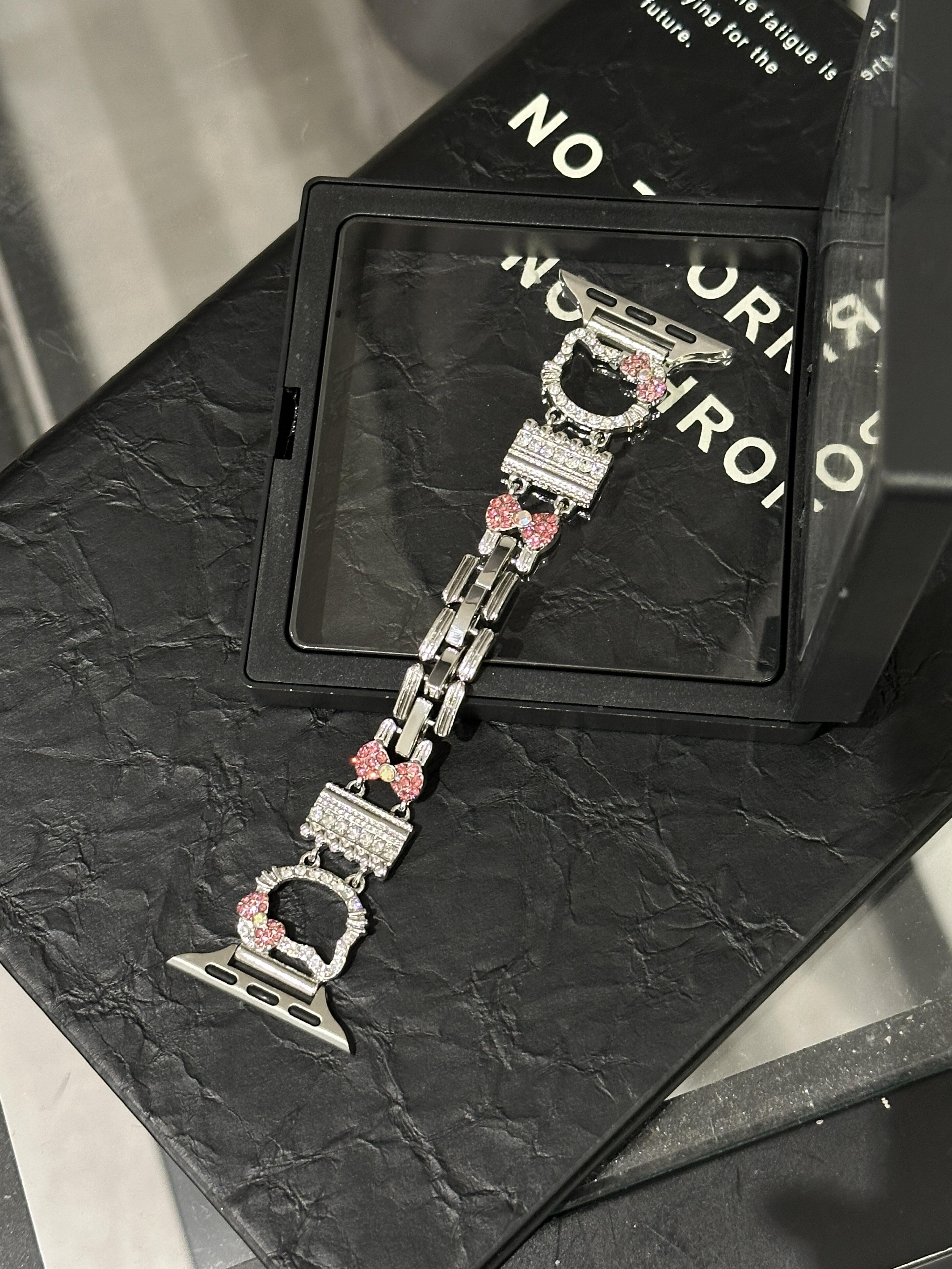 Hellokitty Apple Watch Band Bling Diamond Jewelry Metal Strap Bands with Crystal Tempered Glass Screen Protector Case, Round Shiny Bracelet Wristband for iWatch Series